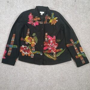 Sara Studio Women's Jacket Y2K Black Floral Embroidered Patchwork Art